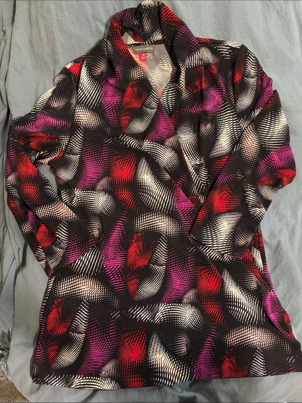 Vince Camuto Black Abstract Swirl Top with Red & Purple Accents